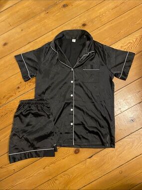 Black Satin Short Sleeve Pajama Set with White Piping
